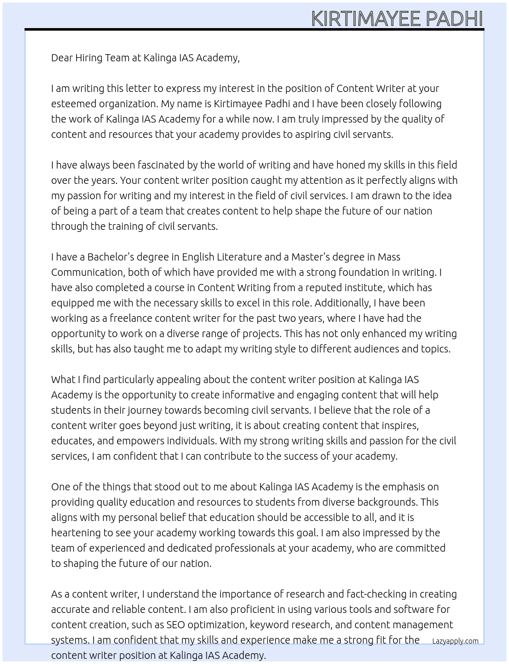 Content writer At Kalinga IAS, Academy Cover Letter