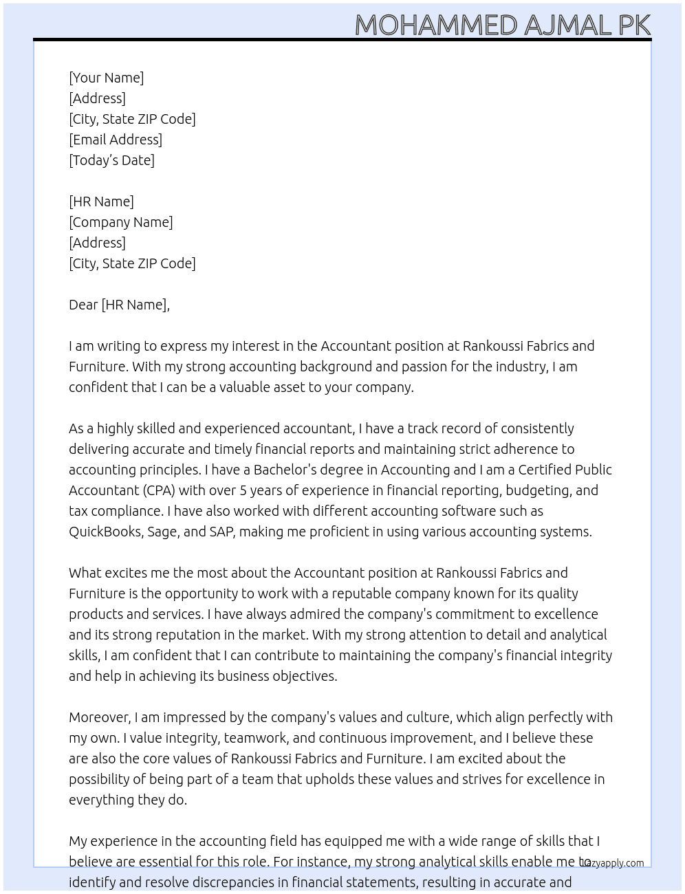 ACCOUNTANT At Rankoussi Fabrics and Furniture Cover Letter