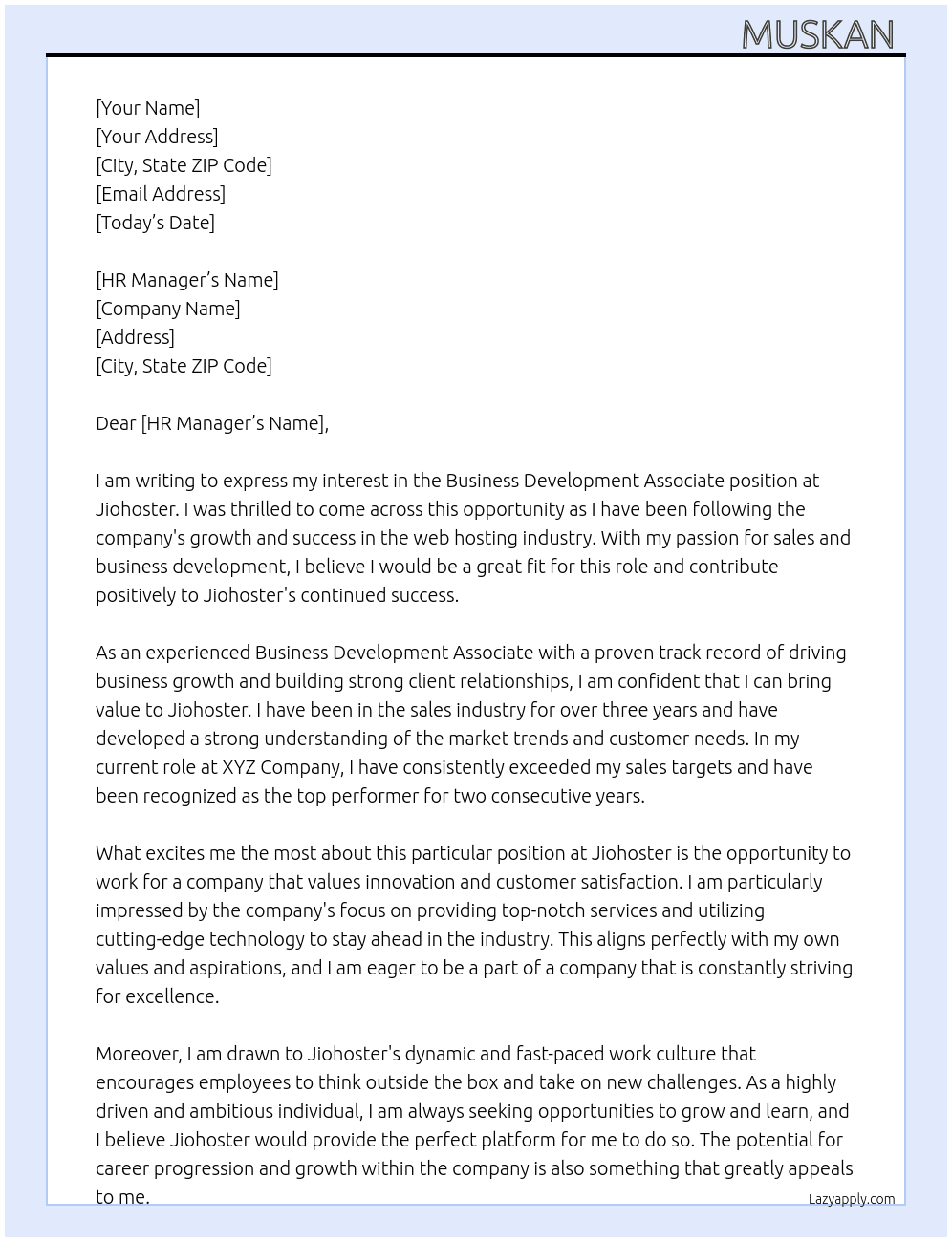 Business Development Associate  At Jiohoster Cover Letter