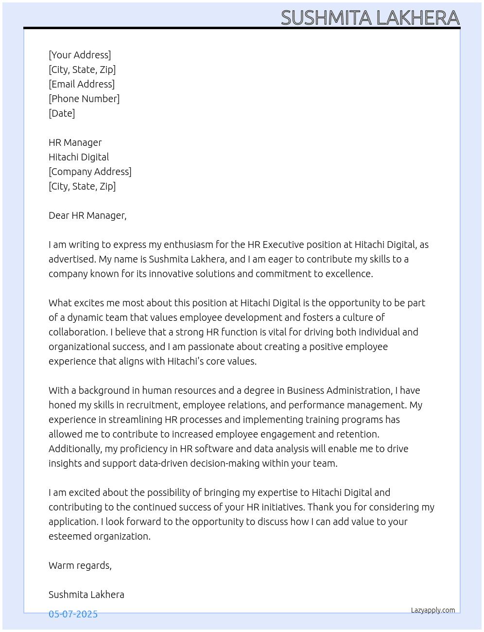 HR EXECUTIVE At hitachi digital Cover Letter