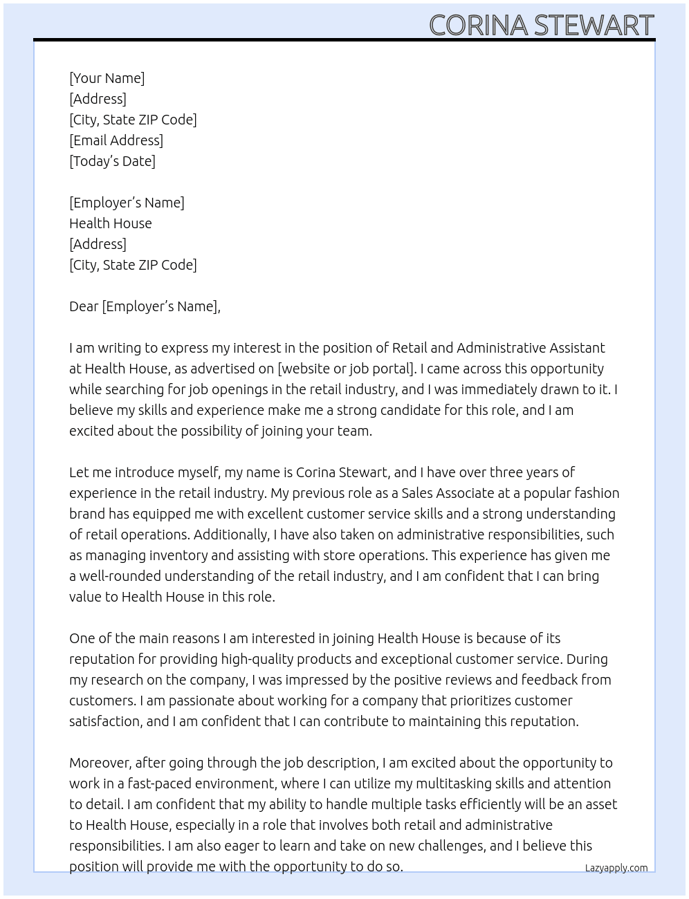 Retail and administrative assistant At Health house Cover Letter