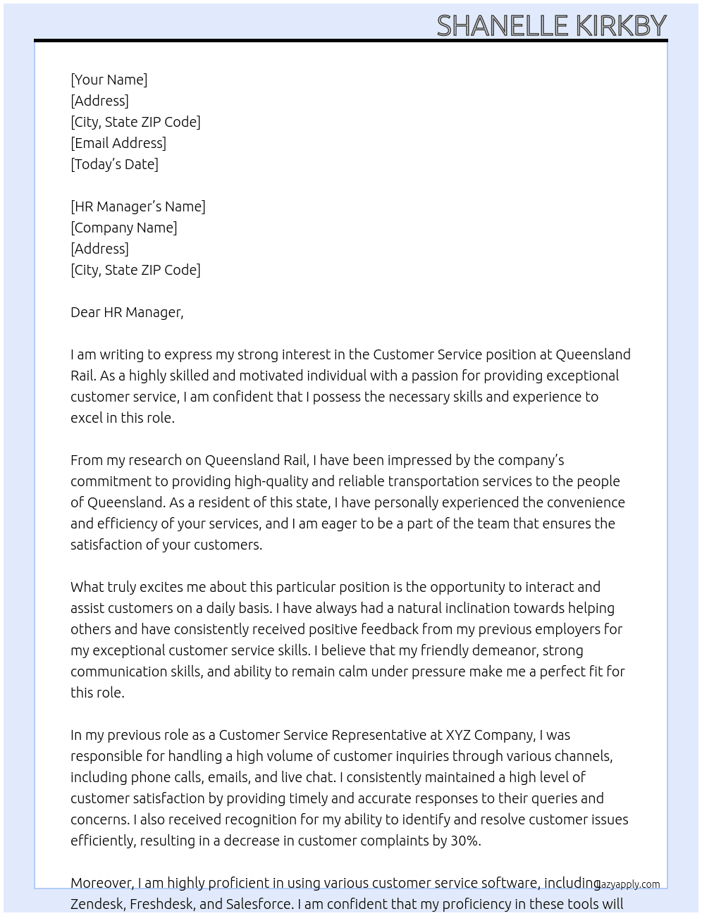Customer service  At Queensland Rail Cover Letter