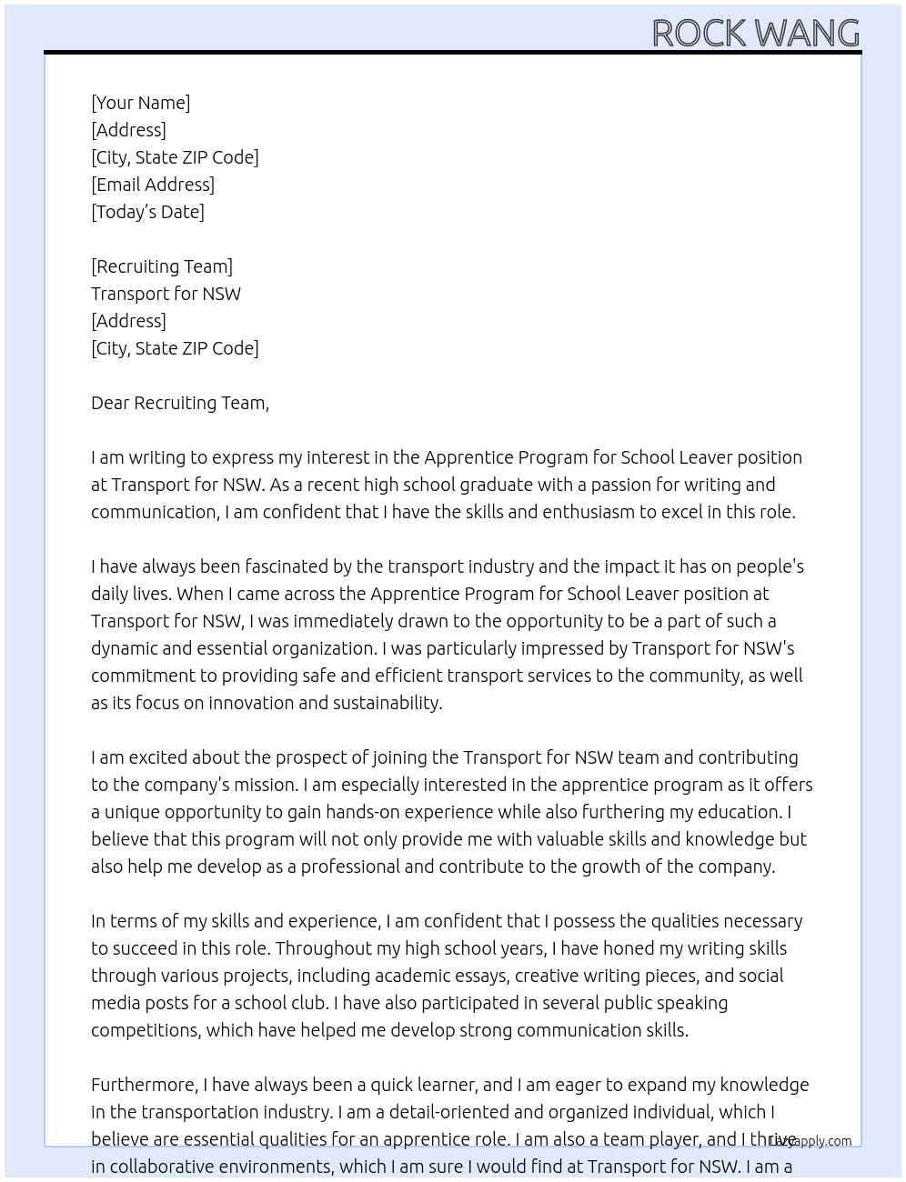 Apprentice Program for School Leaver At Transport for NSW Cover Letter