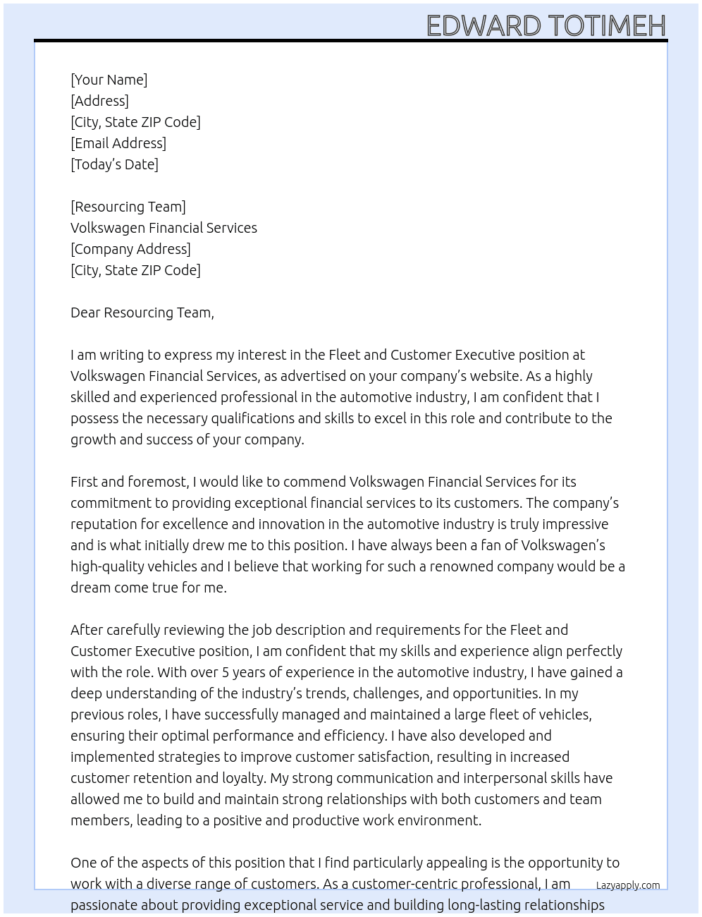 Fleet and Customer Executive At Volkswagen Financial Services Cover Letter