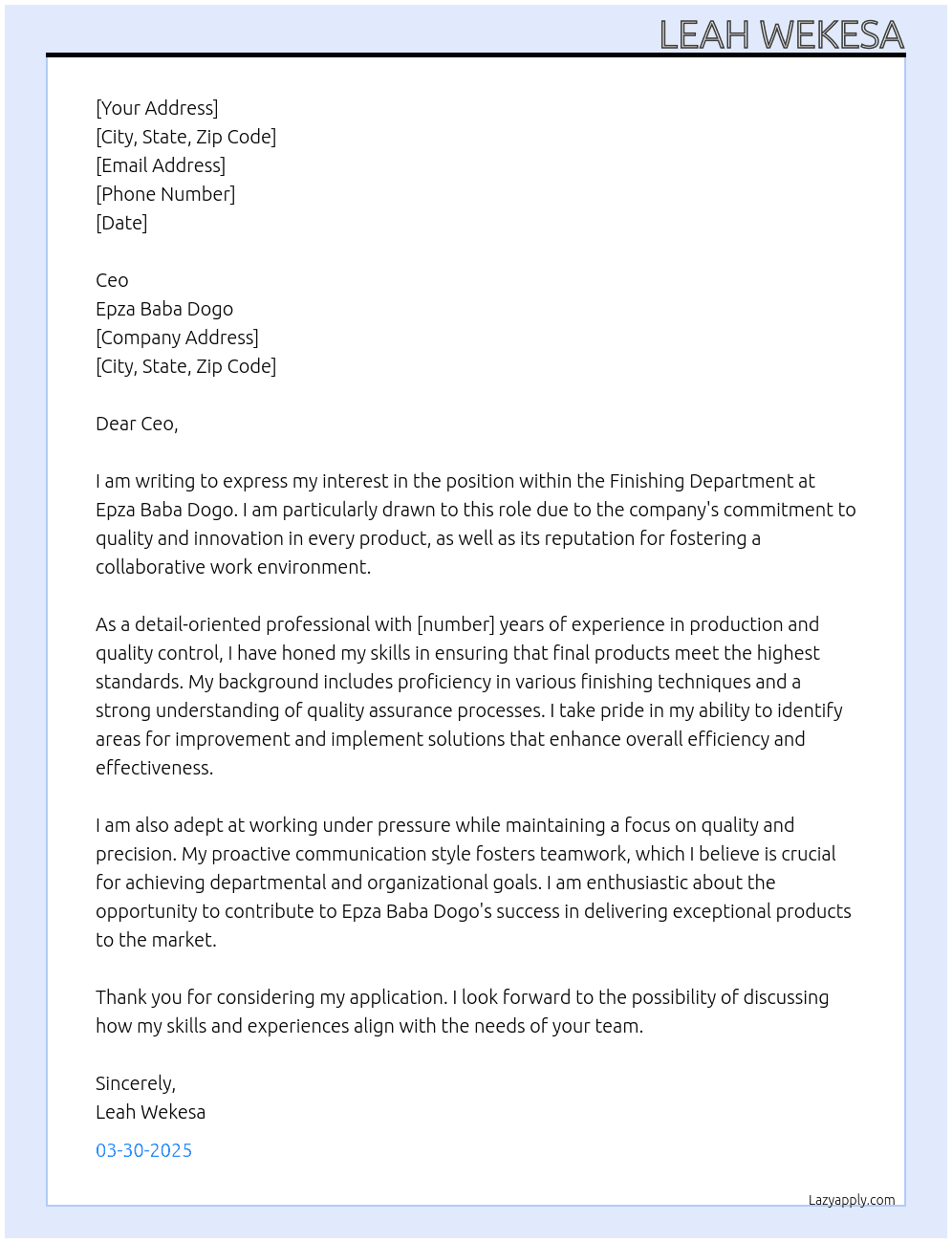 Finishing department  At Epza baba dogo Cover Letter