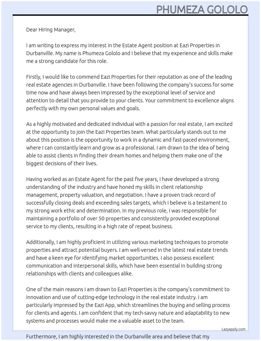 Estate agent At Eazi Properties Cover Letter