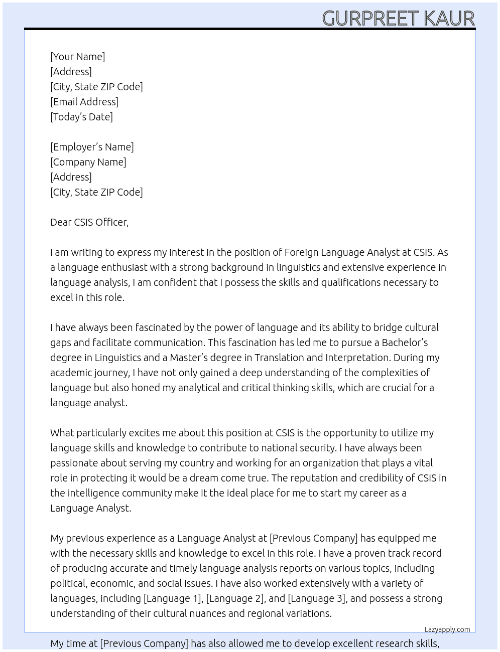 FOREIGN LANGUAUGE ANANLYIST At CSIS Cover Letter