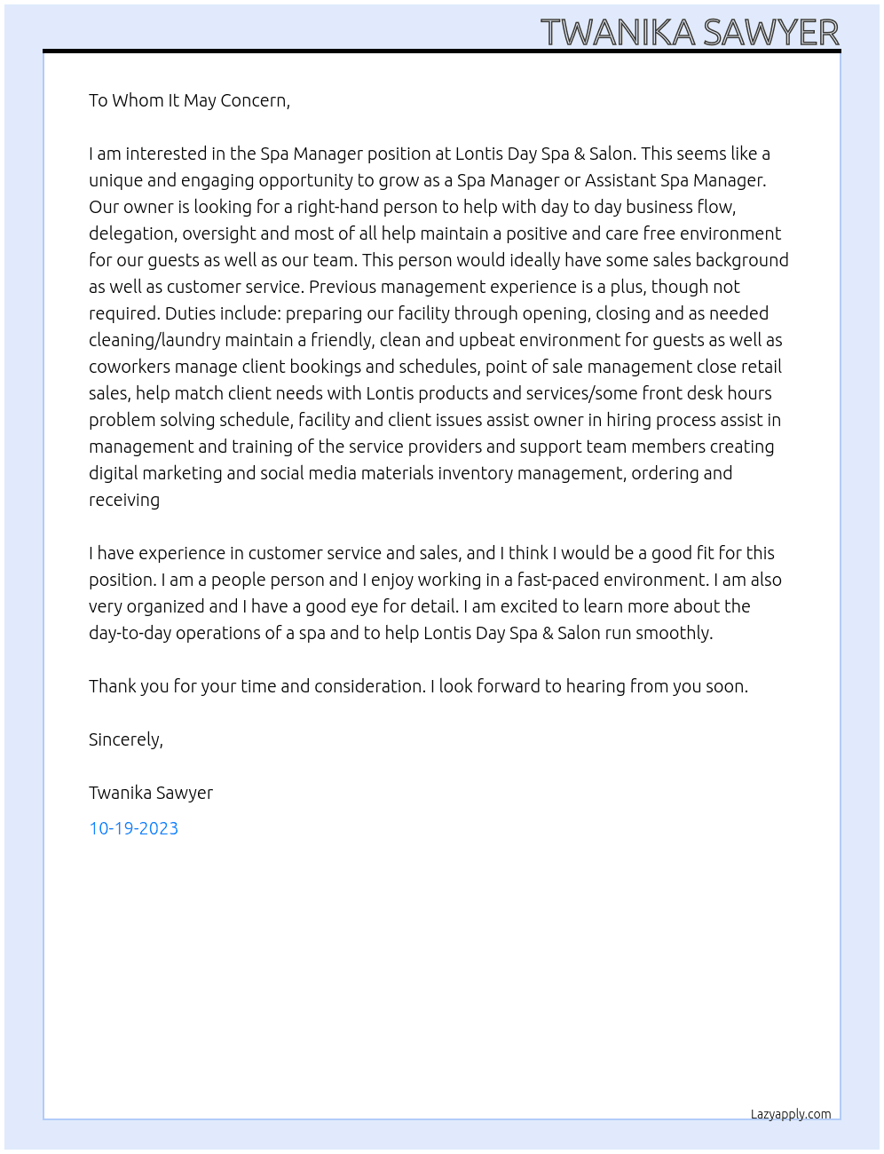 Spa Manager At Lontis Day Spa & Salon  Cover Letter
