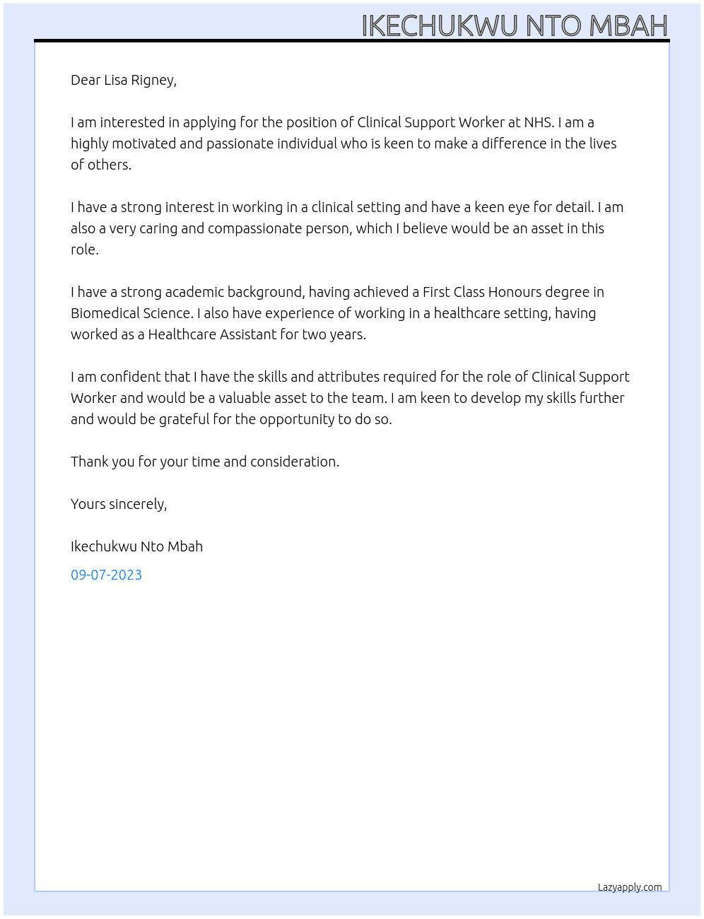 Clinical Support Worker At NHS Cover Letter