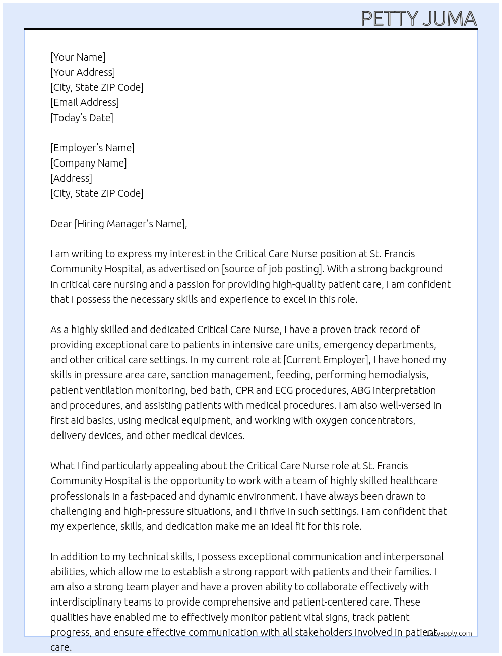 Critical Care Nurse At St. Francis Community Hospital Cover Letter