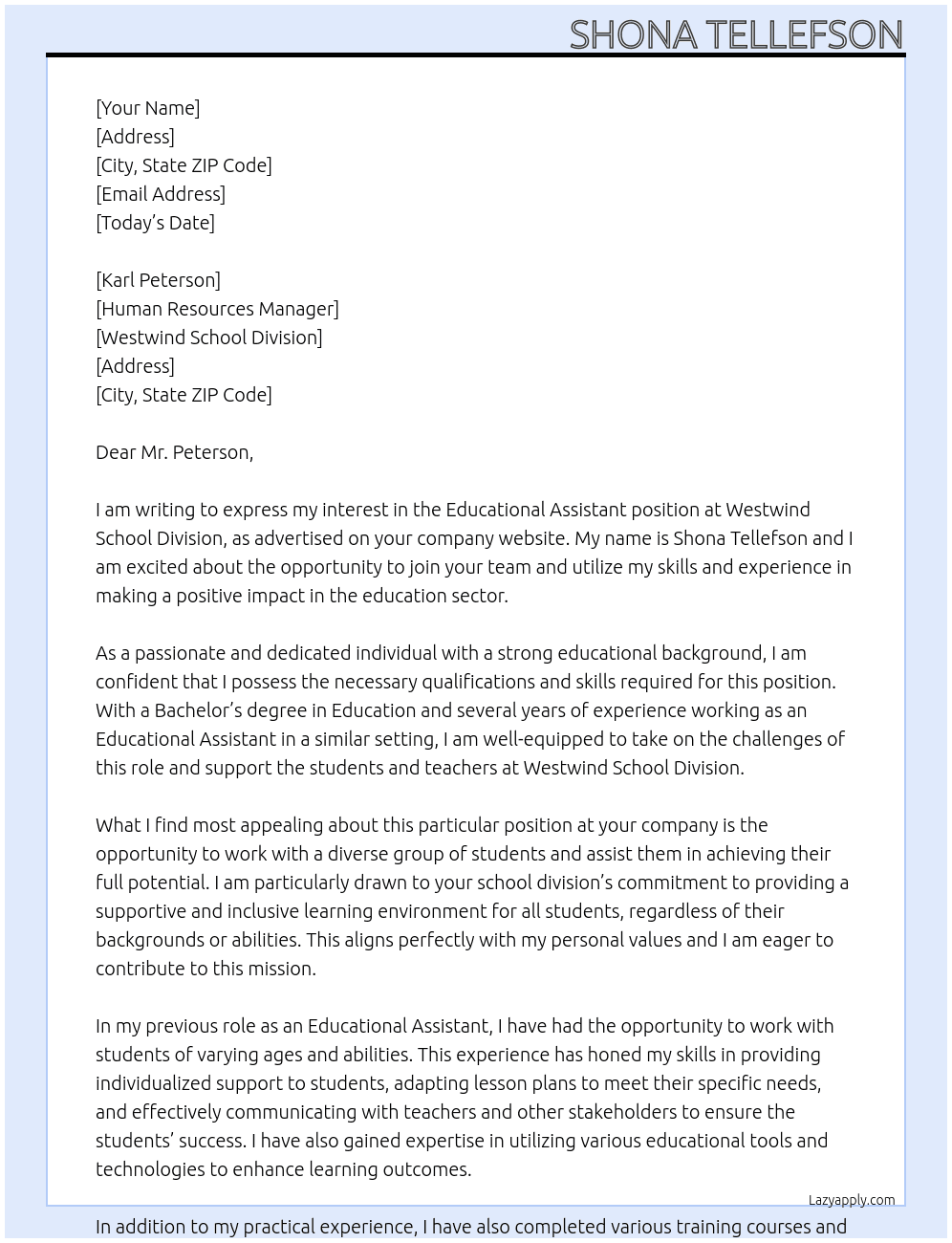 educational assistant At Westwind School Division Cover Letter