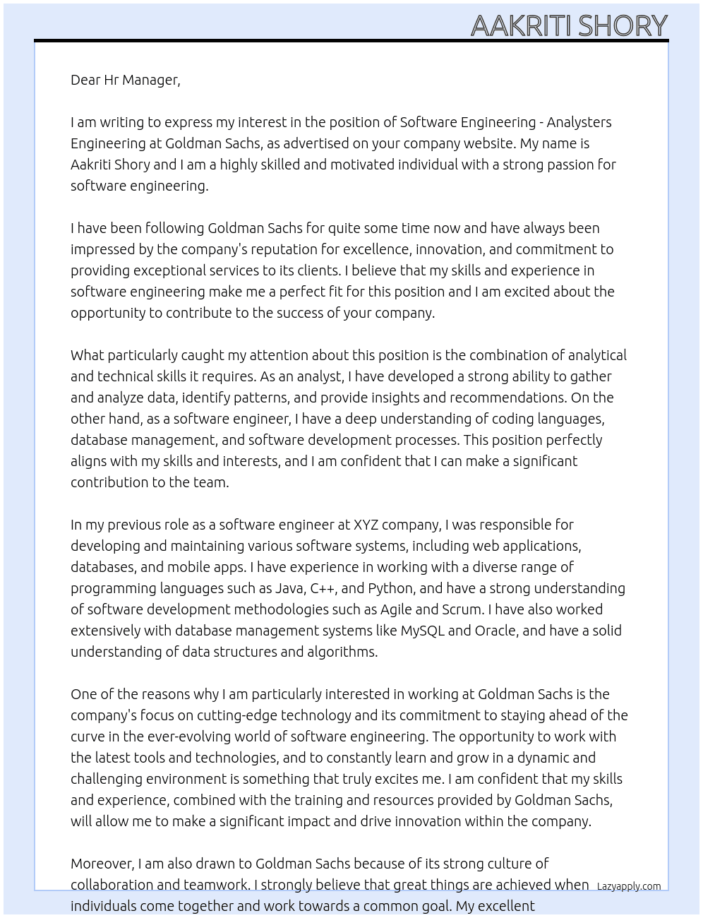 Cover letter for software engineering - analysters engineering. - LazyApply