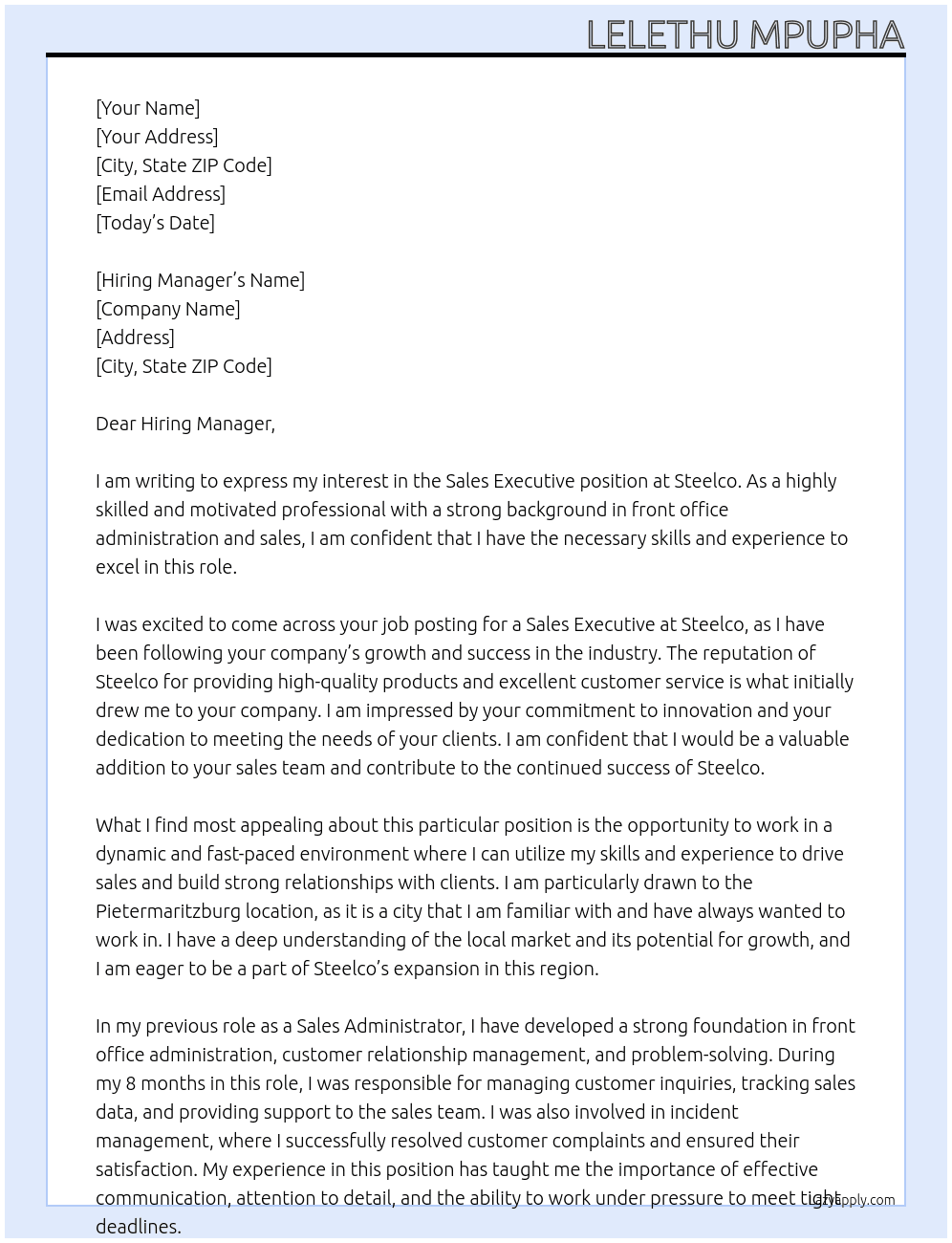 Sales Executive  At Steelco Cover Letter