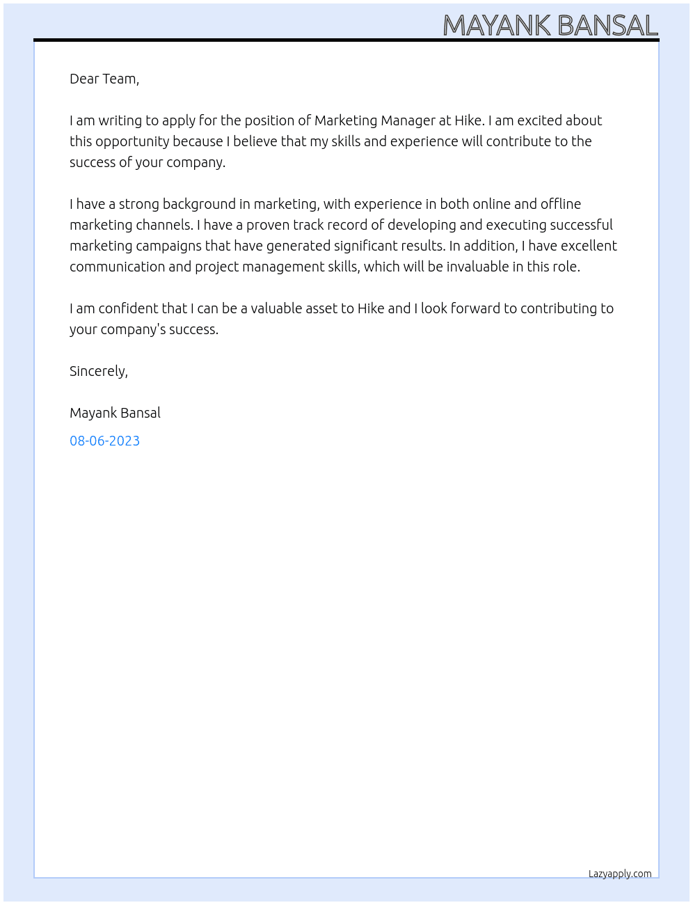 Marketing Manager  At Hike Cover Letter