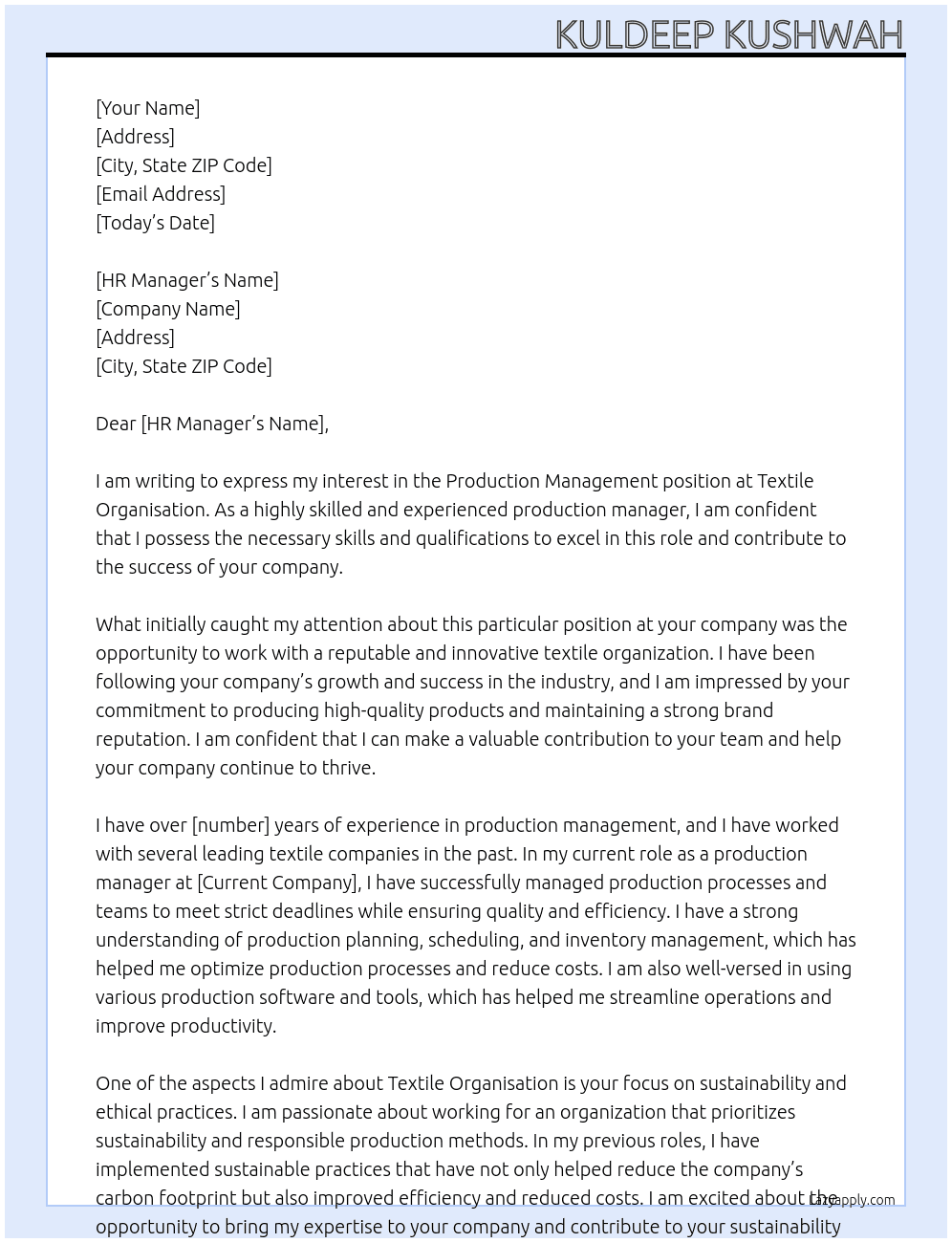 Production Management  At Textile Organisation  Cover Letter