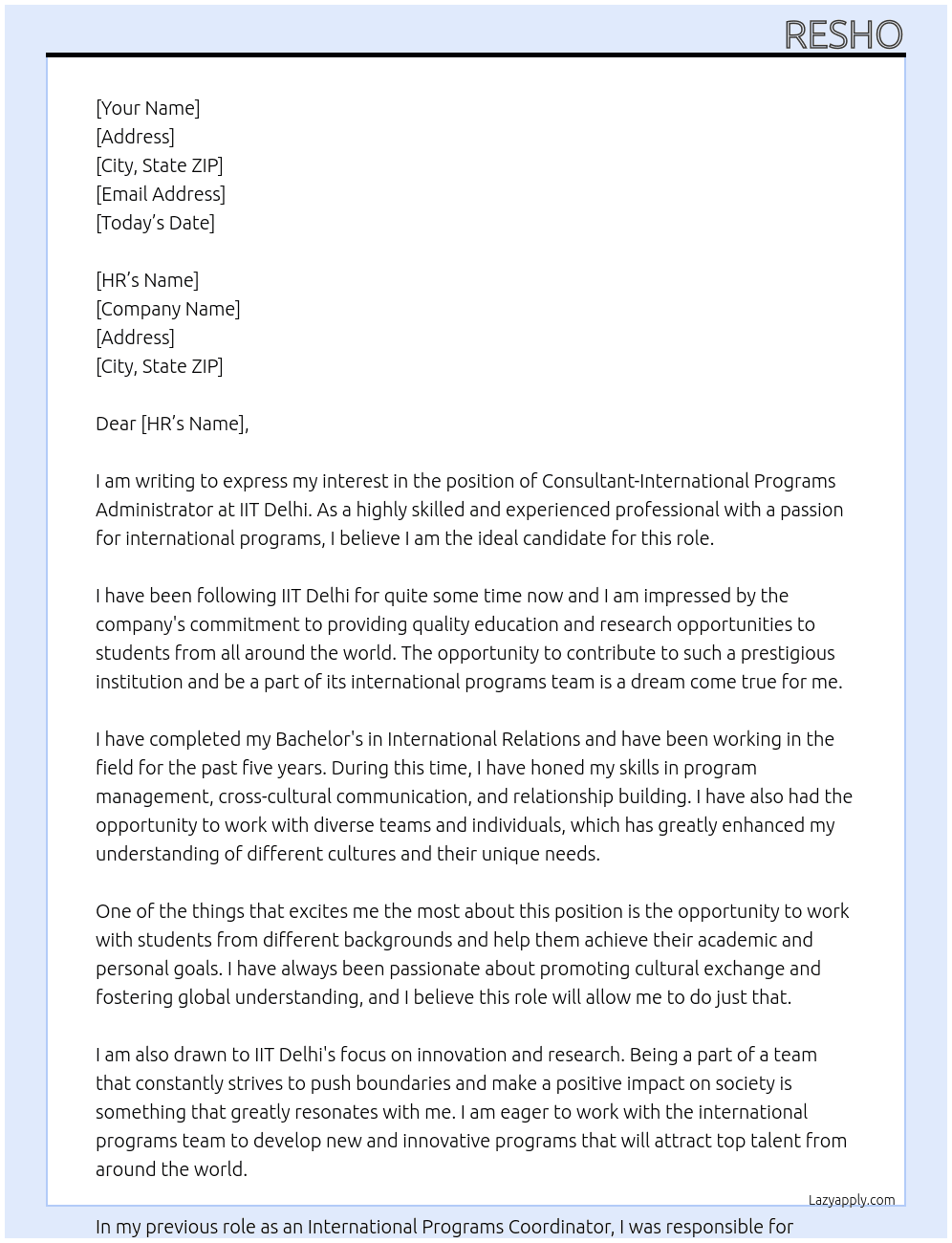 Consultant-International Programs Administrator At IIT Delhi Cover Letter