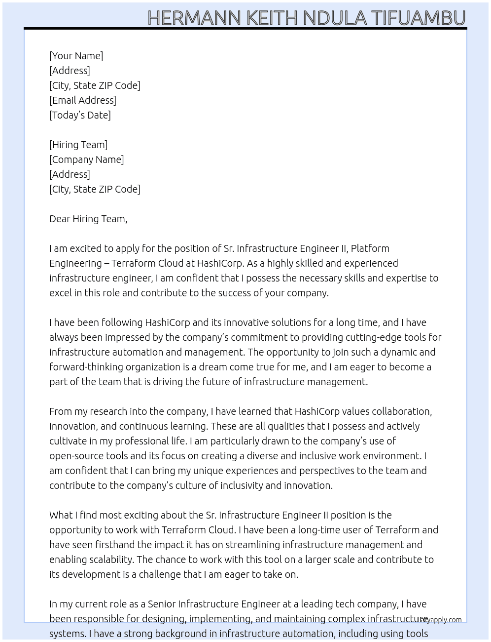 Sr. Infrastructure Engineer II, Platform Engineering - Terraform Cloud At HashiCorp Cover Letter
