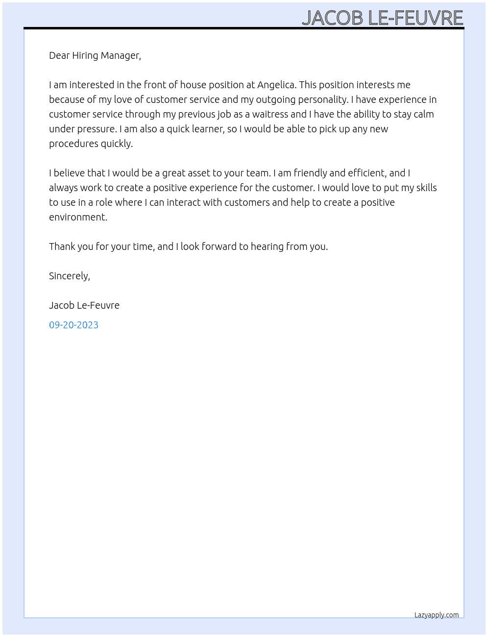 Front of house At Angelica Cover Letter