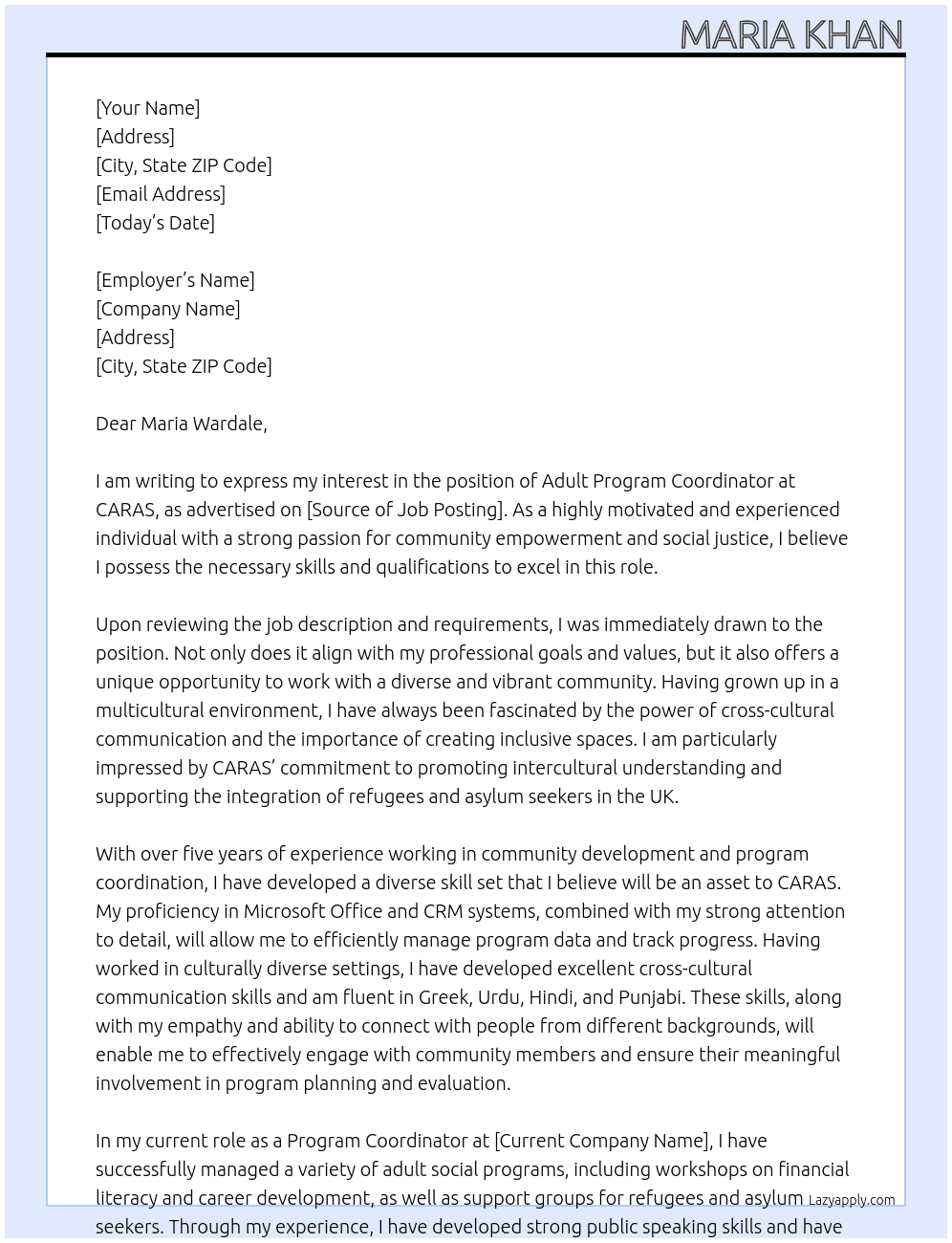 Adult Program Coordinator At CARAS Cover Letter