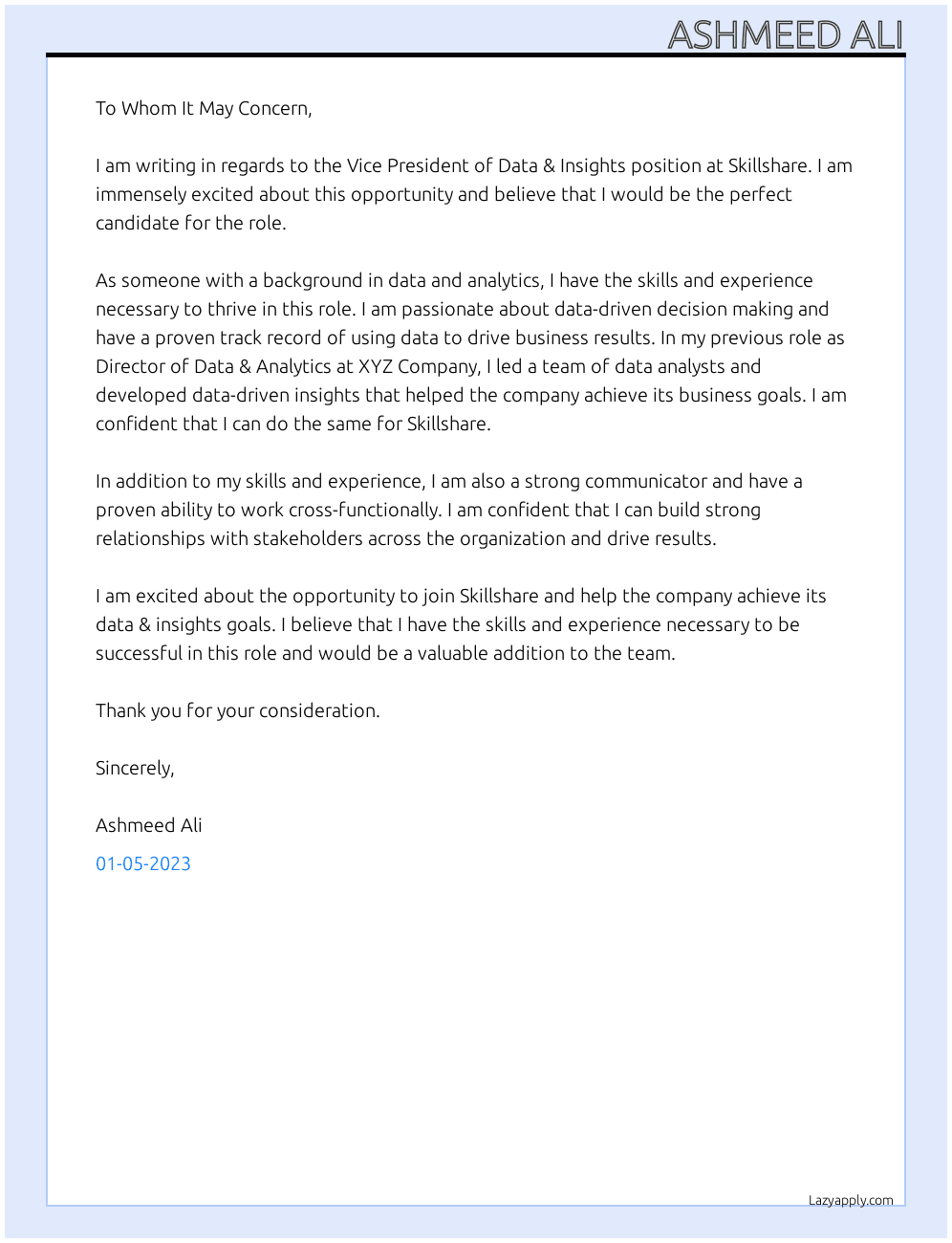 VP Data & Insights At Skillshare Cover Letter