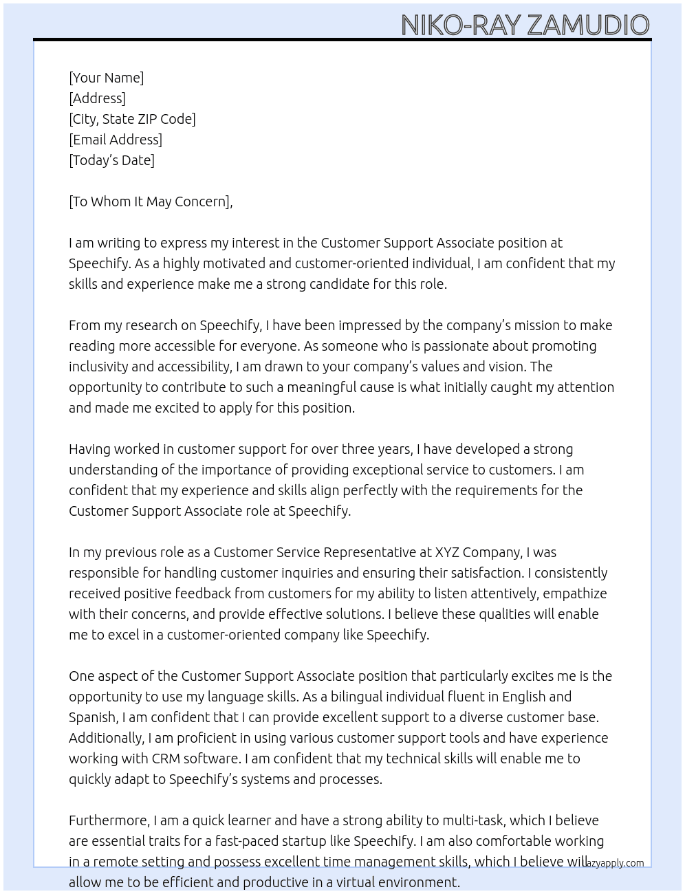 Customer Support Associate At Speechify  Cover Letter