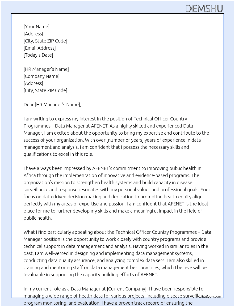 Technical Officer Country Programmes – Data Manager  At AFENET Cover Letter