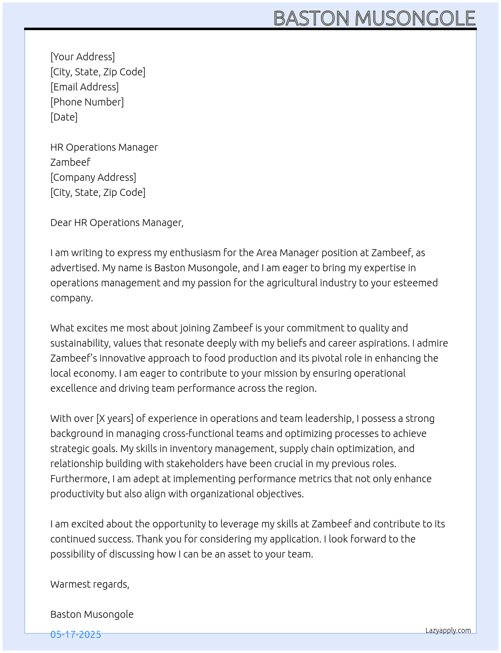 Area manager At Zambeef Cover Letter