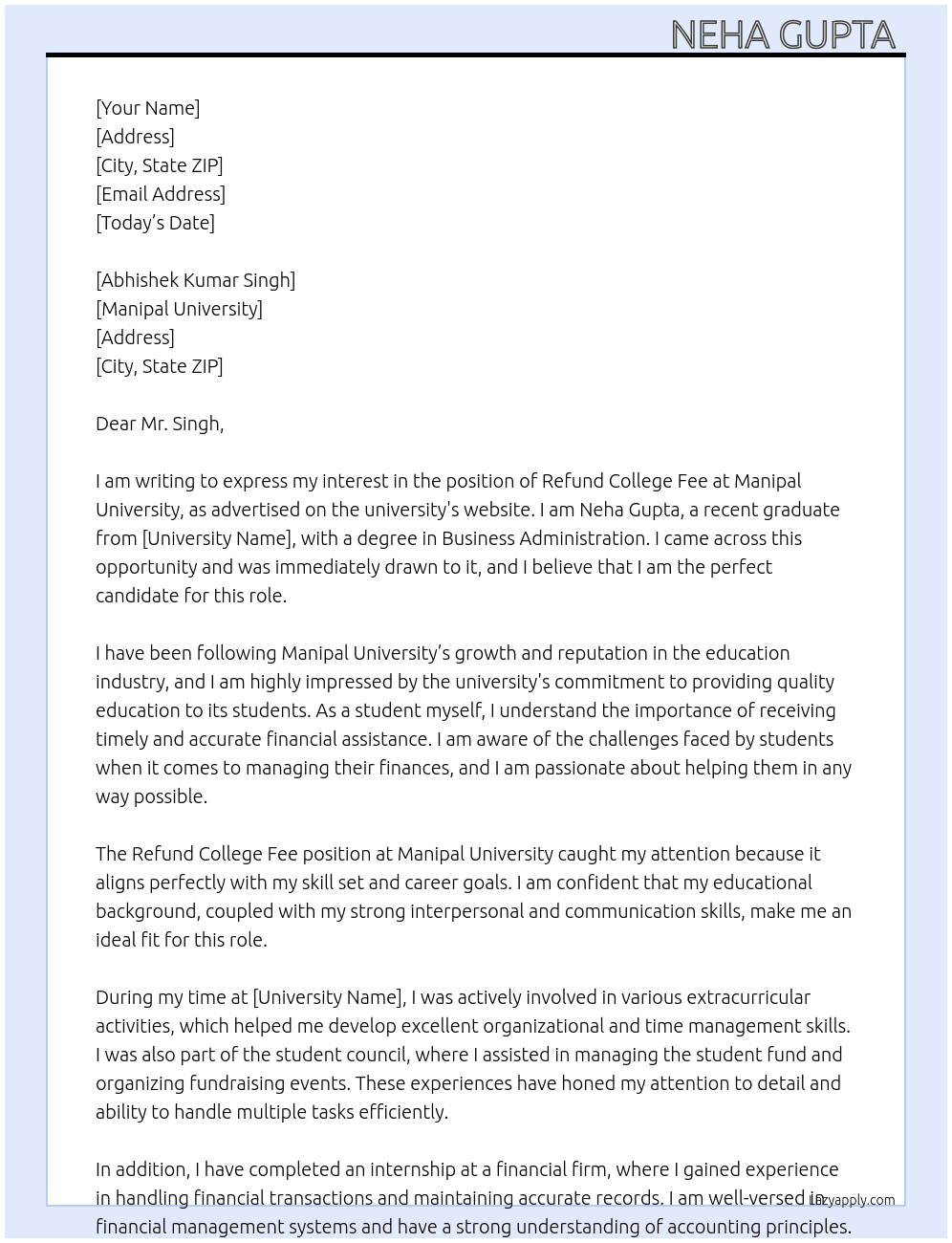 Refund college fee At Manipal University Cover Letter