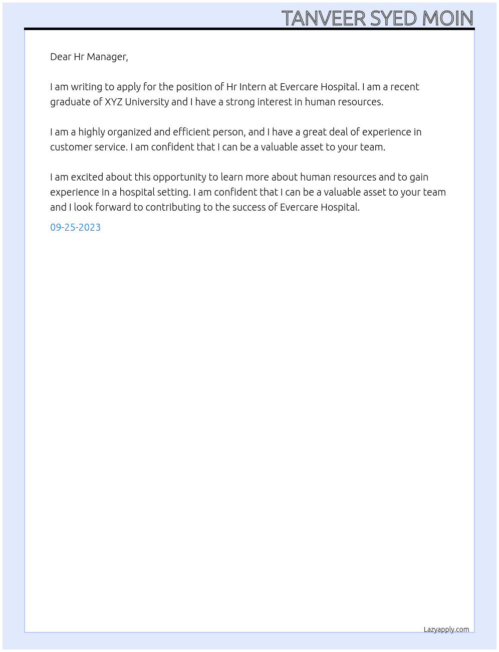 Hr Intern At Evercare Hospital  Cover Letter