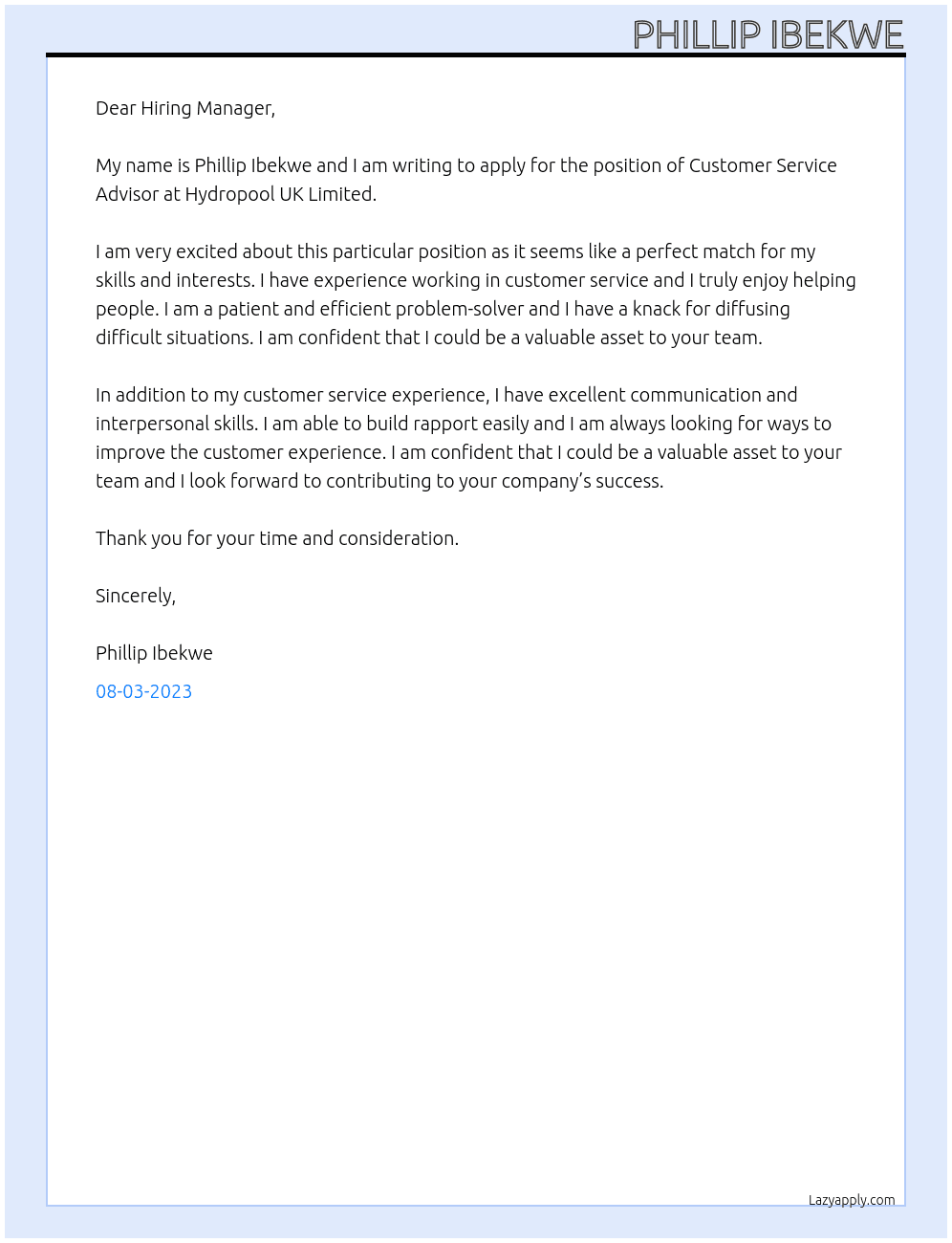 Customer Service Advisor At Hydropool UK Limited Cover Letter