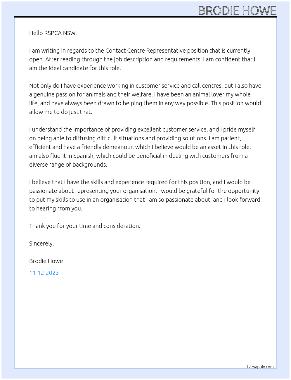 Contact Centre Representative At RSPCA NSW Cover Letter