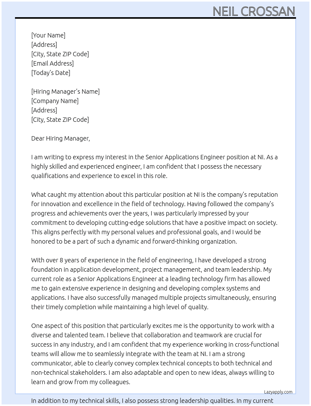 Senior Applications Engineer At NI Cover Letter