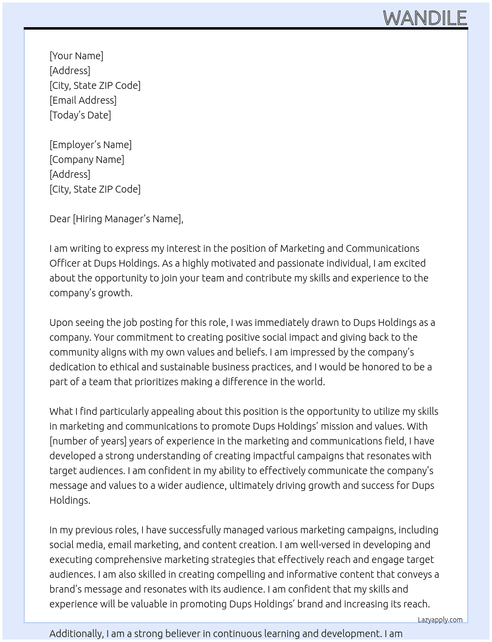 marketing and communications officer At Dups Holdings Cover Letter