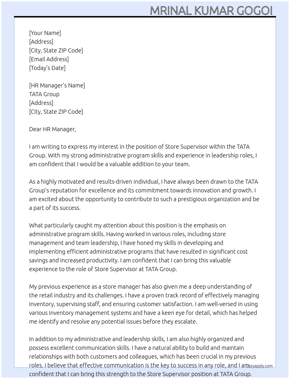 Store supervisor  At TATA Group  Cover Letter