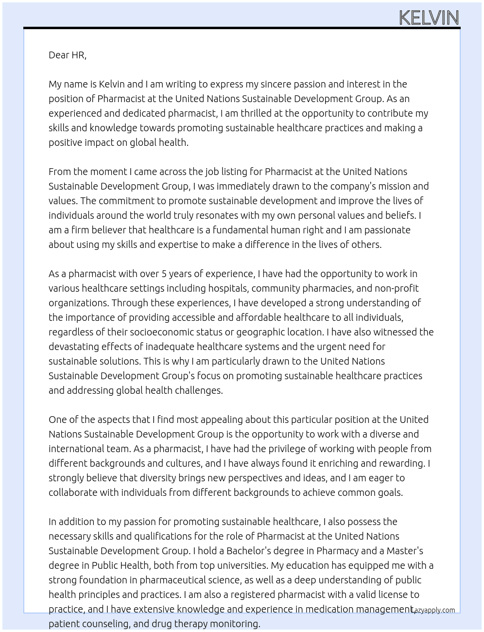 PHARMACIST At e United Nations Sustainable Development Group Cover Letter