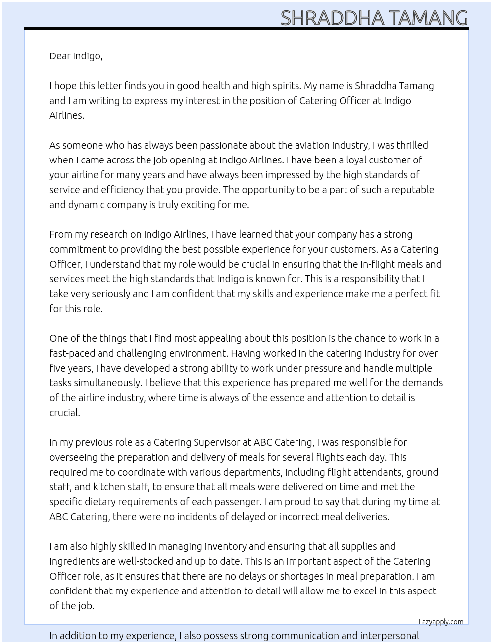 catering officer At indigo airline Cover Letter