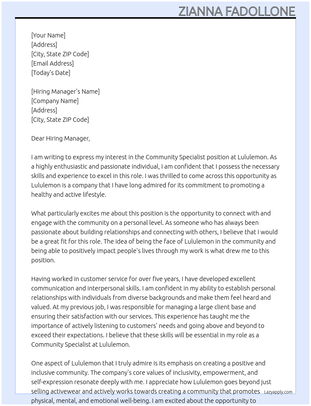 Community specialist   At Lululemon Cover Letter