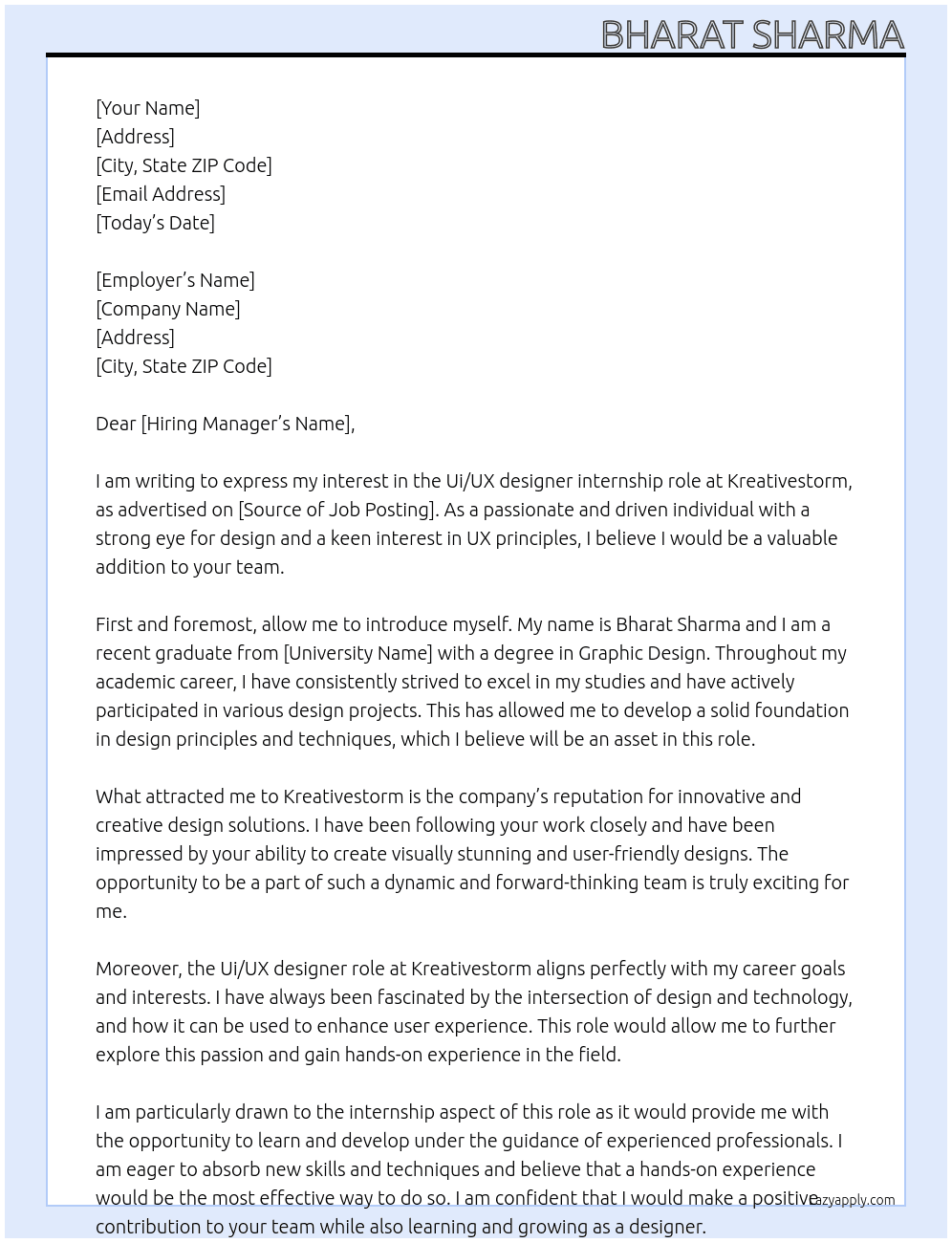 Ui/UX designer  At Kreativestorm Cover Letter