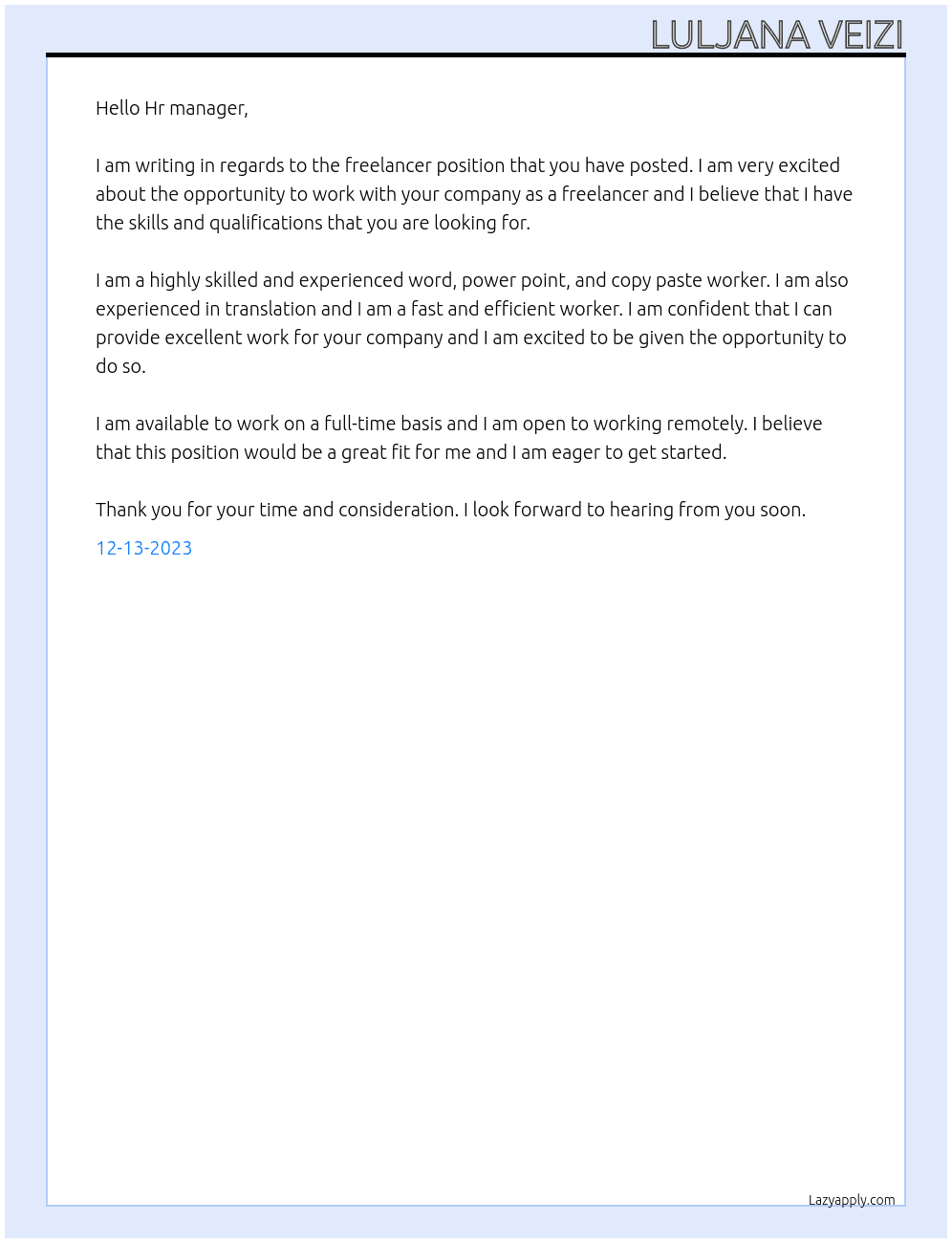 Freelancer At Company Cover Letter