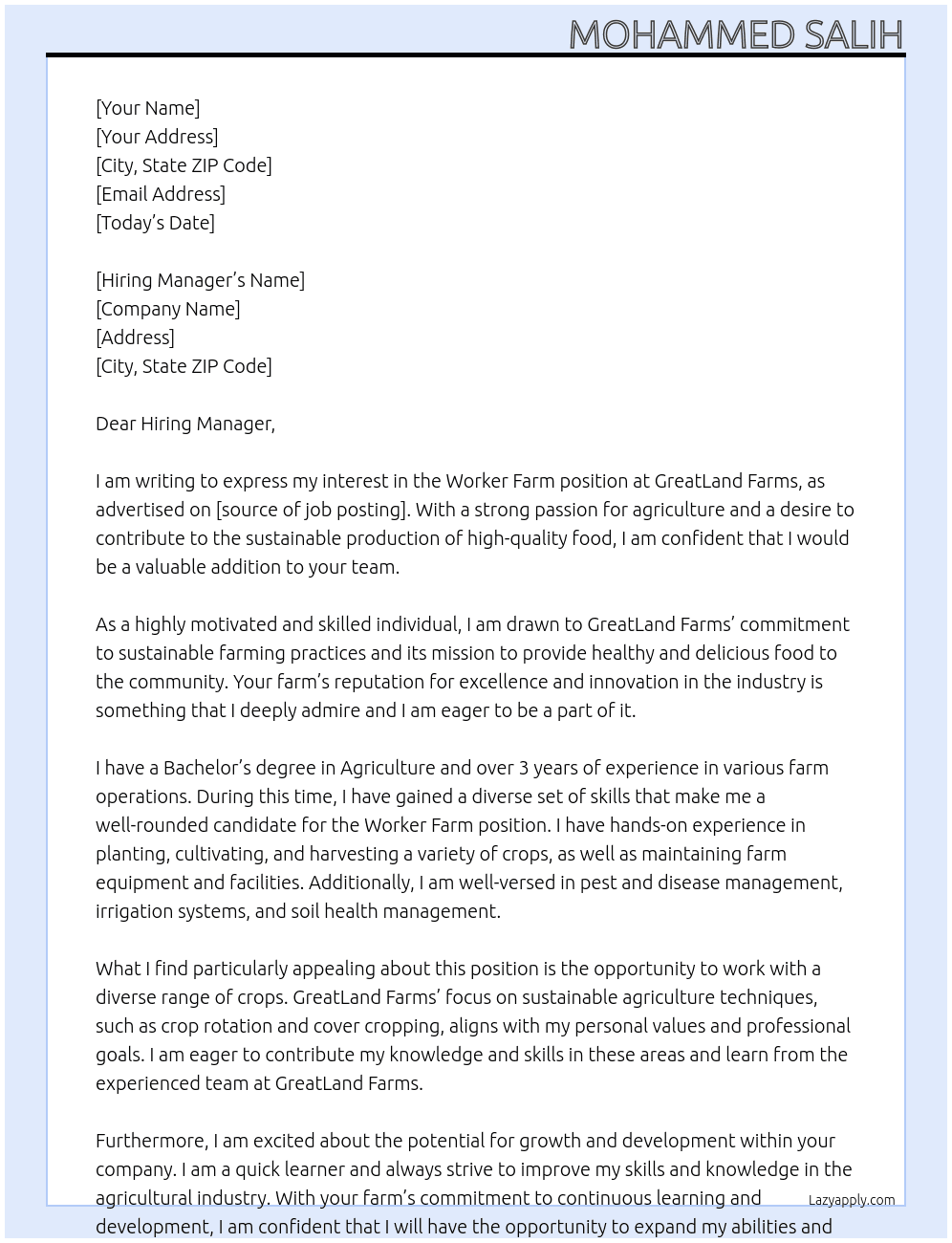 Worker farm At GreatLand Farms  Cover Letter