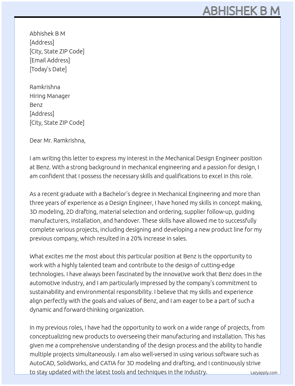 Mechanical design engineer At Benz Cover Letter