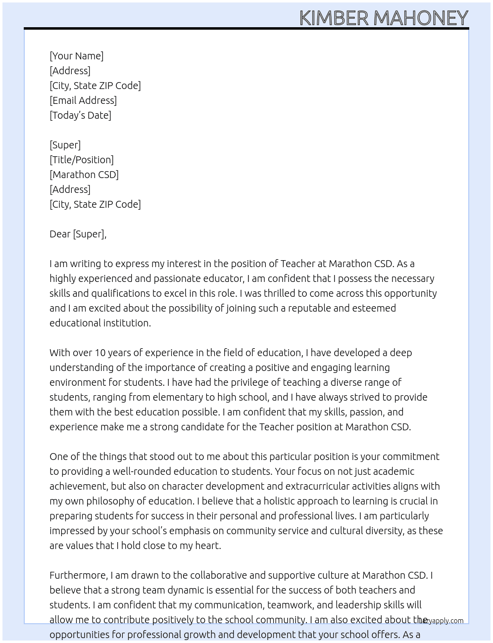 Teacher At Marathon CSD Cover Letter