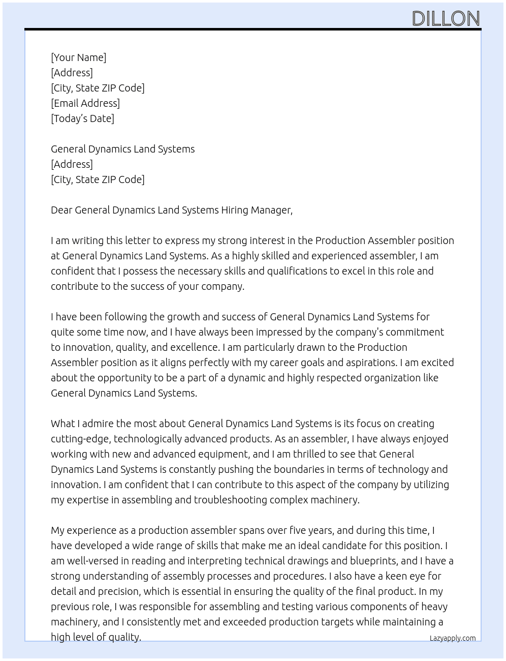 Production Assembler At General Dynamics Land Systems Cover Letter