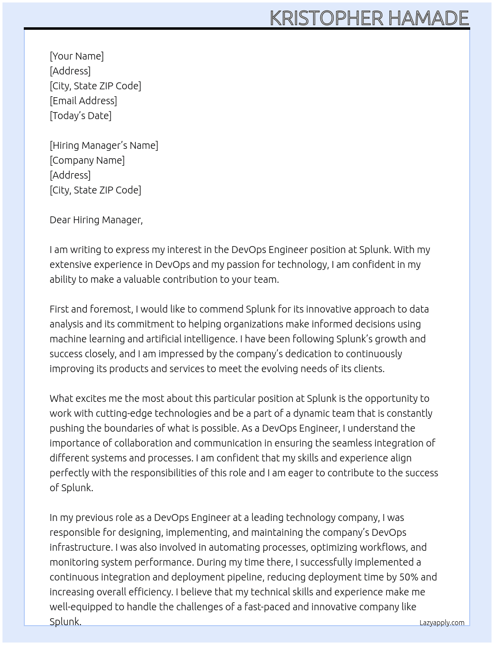 DevOps Engineer At Splunk Cover Letter