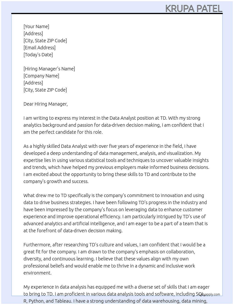 data Analyst At td Cover Letter