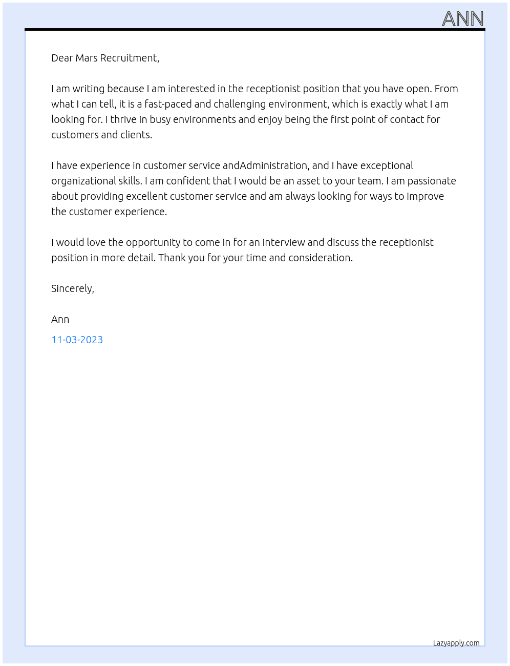 Receptionist  At Mars Recruitment  Cover Letter