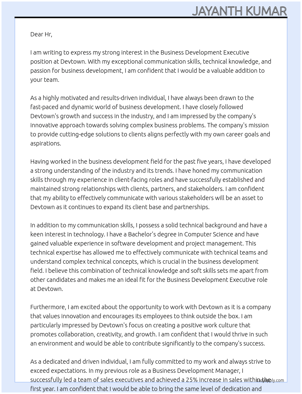 Bussiness development executive  At Devtown Cover Letter