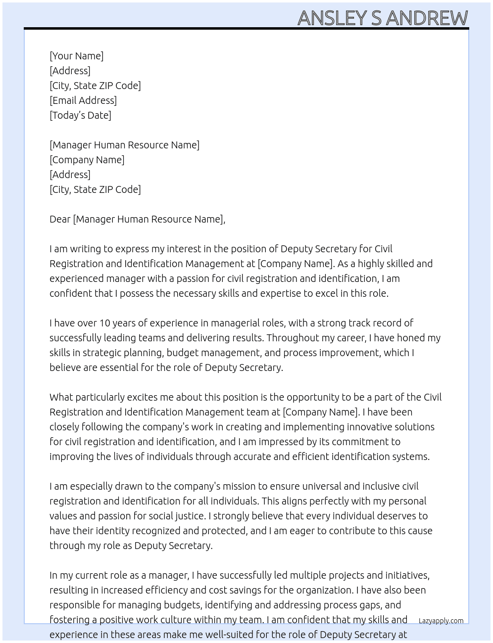 Deputy Secretary for civil registration and identification management At Civil Registration and Identification Management Cover Letter