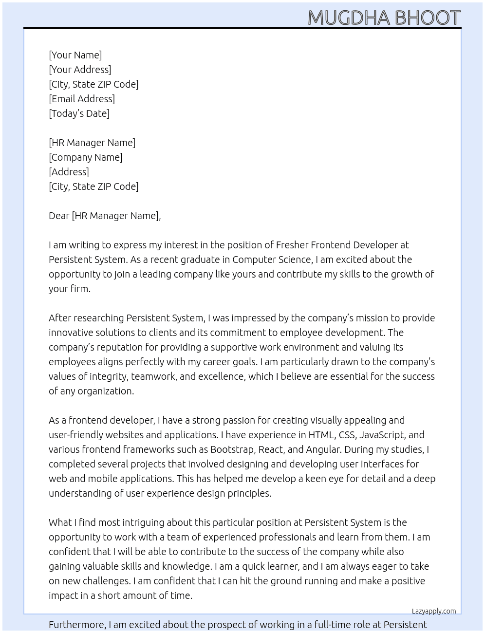 Fresher Frontend Developer At Persistent System Cover Letter