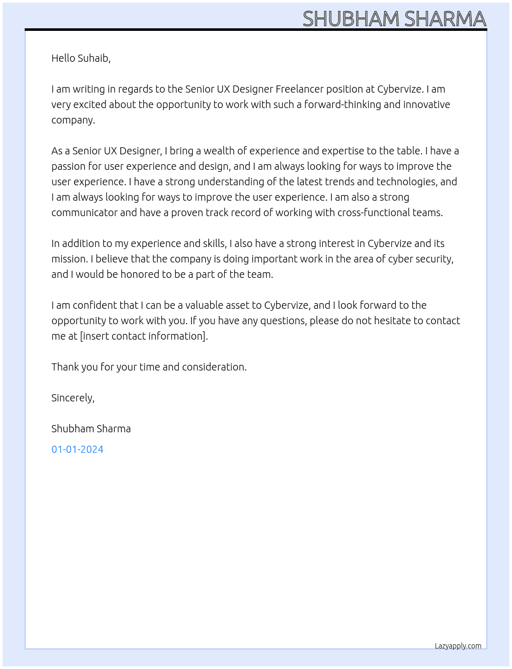 Senior UX Designer Freelancer At Cybervize Cover Letter